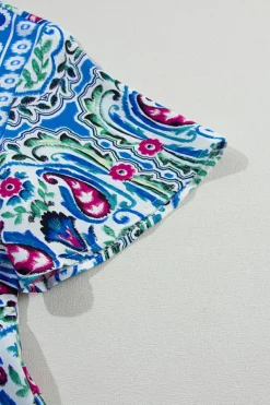Sale Dear-Lover Bohemian Print Tie Neck Ruffle Hem Short Dress Sky Blue