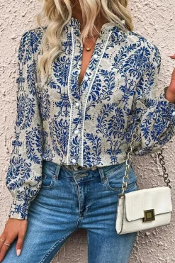 Online Dear-Lover Bohemian Printed Bishop Sleeve Lace Shirt Sky Blue