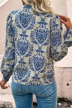 Online Dear-Lover Bohemian Printed Bishop Sleeve Lace Shirt Sky Blue
