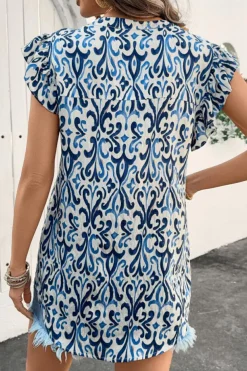 Hot Dear-Lover Boho Abstract Print Pintuck Detail Ruffled Top Sky Blue
