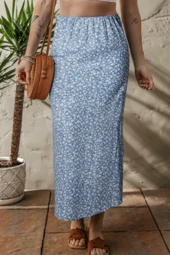 Outlet Dear-Lover Boho Floral High Waist Long Skirt with Side Split Sky Blue