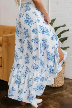 Fashion Dear-Lover Boho Floral High Waist Ruffle Split Maxi Skirt Sky Blue