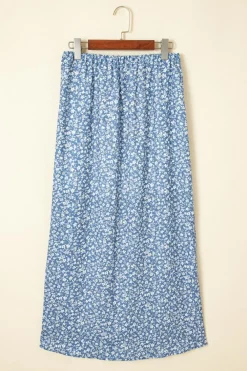 Outlet Dear-Lover Boho Floral High Waist Long Skirt with Side Split Sky Blue