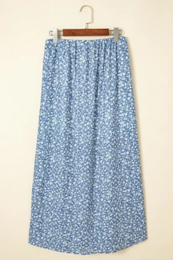 Outlet Dear-Lover Boho Floral High Waist Long Skirt with Side Split Sky Blue