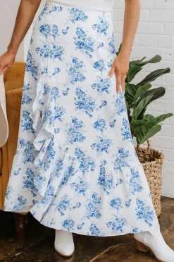 Fashion Dear-Lover Boho Floral High Waist Ruffle Split Maxi Skirt Sky Blue