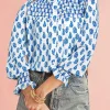Discount Dear-Lover Boho Floral Printed Lantern Sleeve Frilled Neck Shirred Shirt Sky Blue