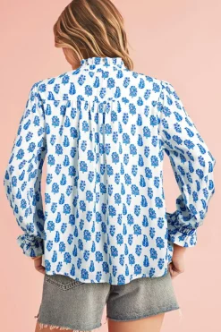 Discount Dear-Lover Boho Floral Printed Lantern Sleeve Frilled Neck Shirred Shirt Sky Blue