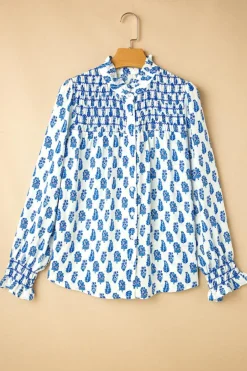 Discount Dear-Lover Boho Floral Printed Lantern Sleeve Frilled Neck Shirred Shirt Sky Blue