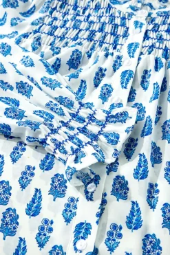 Discount Dear-Lover Boho Floral Printed Lantern Sleeve Frilled Neck Shirred Shirt Sky Blue
