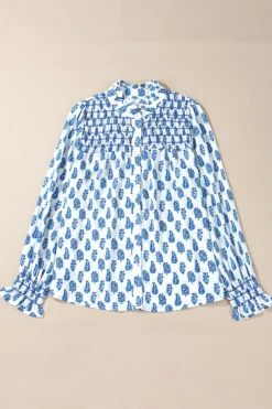 Discount Dear-Lover Boho Floral Printed Lantern Sleeve Frilled Neck Shirred Shirt Sky Blue