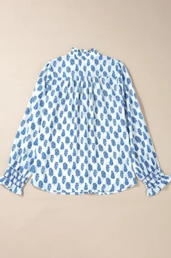 Discount Dear-Lover Boho Floral Printed Lantern Sleeve Frilled Neck Shirred Shirt Sky Blue