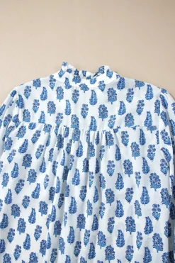Discount Dear-Lover Boho Floral Printed Lantern Sleeve Frilled Neck Shirred Shirt Sky Blue