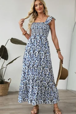 Best Dear-Lover Boho Print Smocked High Waist Maxi Dress Sky Blue
