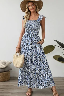 Best Dear-Lover Boho Print Smocked High Waist Maxi Dress Sky Blue