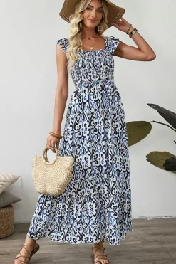 Best Dear-Lover Boho Print Smocked High Waist Maxi Dress Sky Blue