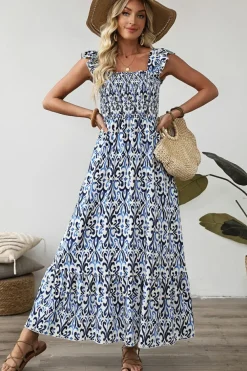 Best Dear-Lover Boho Print Smocked High Waist Maxi Dress Sky Blue