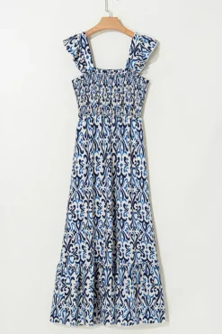 Best Dear-Lover Boho Print Smocked High Waist Maxi Dress Sky Blue