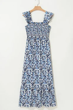 Best Dear-Lover Boho Print Smocked High Waist Maxi Dress Sky Blue