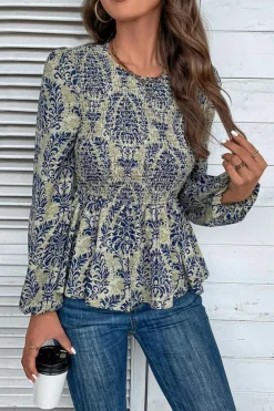 Fashion Dear-Lover Boho Printed Balloon Sleeve Smocked Peplum Blouse Sky Blue