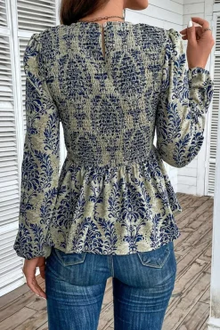 Fashion Dear-Lover Boho Printed Balloon Sleeve Smocked Peplum Blouse Sky Blue