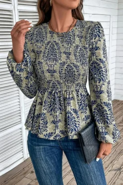 Fashion Dear-Lover Boho Printed Balloon Sleeve Smocked Peplum Blouse Sky Blue