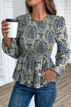 Fashion Dear-Lover Boho Printed Balloon Sleeve Smocked Peplum Blouse Sky Blue