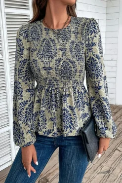 Fashion Dear-Lover Boho Printed Balloon Sleeve Smocked Peplum Blouse Sky Blue
