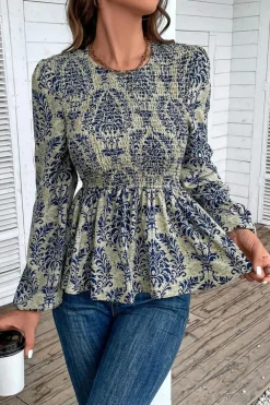 Fashion Dear-Lover Boho Printed Balloon Sleeve Smocked Peplum Blouse Sky Blue