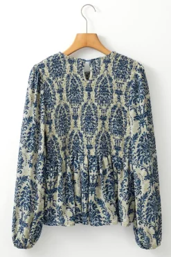 Fashion Dear-Lover Boho Printed Balloon Sleeve Smocked Peplum Blouse Sky Blue