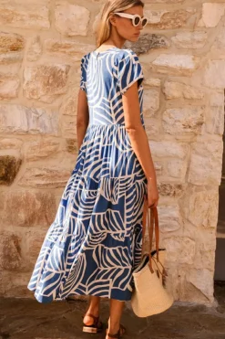 Discount Dear-Lover Boho Printed Short Sleeve Flare Tiered Dress Sky Blue