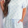 Fashion Dear-Lover Bow Knot Geometric Print Lettuce Trim Two Piece Lounge Set Sky Blue