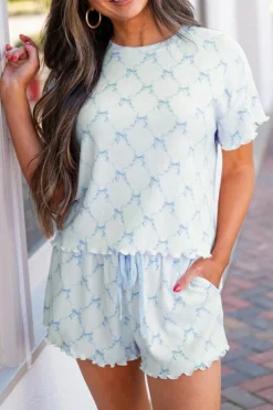 Fashion Dear-Lover Bow Knot Geometric Print Lettuce Trim Two Piece Lounge Set Sky Blue