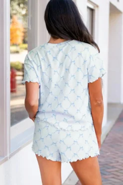 Fashion Dear-Lover Bow Knot Geometric Print Lettuce Trim Two Piece Lounge Set Sky Blue