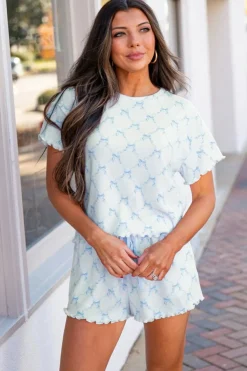 Fashion Dear-Lover Bow Knot Geometric Print Lettuce Trim Two Piece Lounge Set Sky Blue