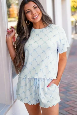Fashion Dear-Lover Bow Knot Geometric Print Lettuce Trim Two Piece Lounge Set Sky Blue