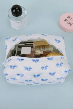 Discount Dear-Lover Bow Knot Quilted Zipper Makeup Bag Sky Blue
