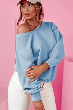 Best Dear-Lover Bowknot Dewback Round Neck Sweatshirt Sky Blue