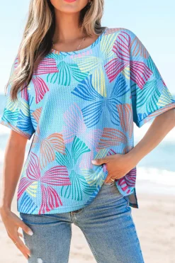 New Dear-Lover Bowknot Printed Waffle Crewneck Loose Short Sleeve Top Sky Blue