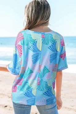 New Dear-Lover Bowknot Printed Waffle Crewneck Loose Short Sleeve Top Sky Blue