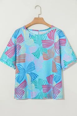 New Dear-Lover Bowknot Printed Waffle Crewneck Loose Short Sleeve Top Sky Blue