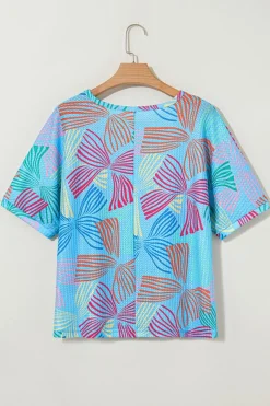New Dear-Lover Bowknot Printed Waffle Crewneck Loose Short Sleeve Top Sky Blue