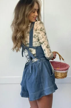 Online Dear-Lover Buckle Straps Bib Style Drawstring Tied Backless Flared Denim Romper Sky Blue