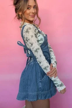Online Dear-Lover Buckle Straps Bib Style Drawstring Tied Backless Flared Denim Romper Sky Blue