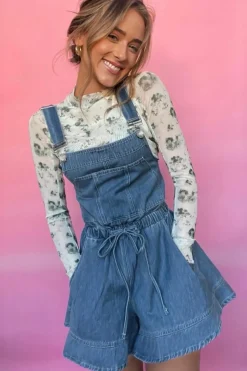 Online Dear-Lover Buckle Straps Bib Style Drawstring Tied Backless Flared Denim Romper Sky Blue