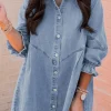 Clearance Dear-Lover Buttoned Long Sleeve Denim Mini Dress Sky Blue