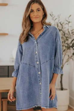 Clearance Dear-Lover Buttoned Long Sleeve Denim Mini Dress Sky Blue