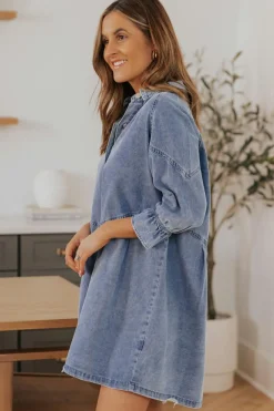 Clearance Dear-Lover Buttoned Long Sleeve Denim Mini Dress Sky Blue