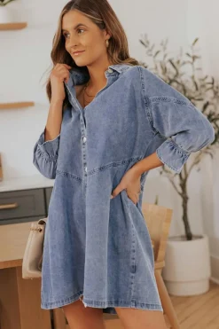 Clearance Dear-Lover Buttoned Long Sleeve Denim Mini Dress Sky Blue