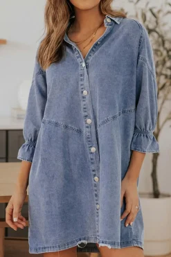 Clearance Dear-Lover Buttoned Long Sleeve Denim Mini Dress Sky Blue