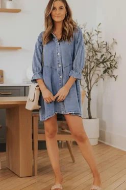 Clearance Dear-Lover Buttoned Long Sleeve Denim Mini Dress Sky Blue